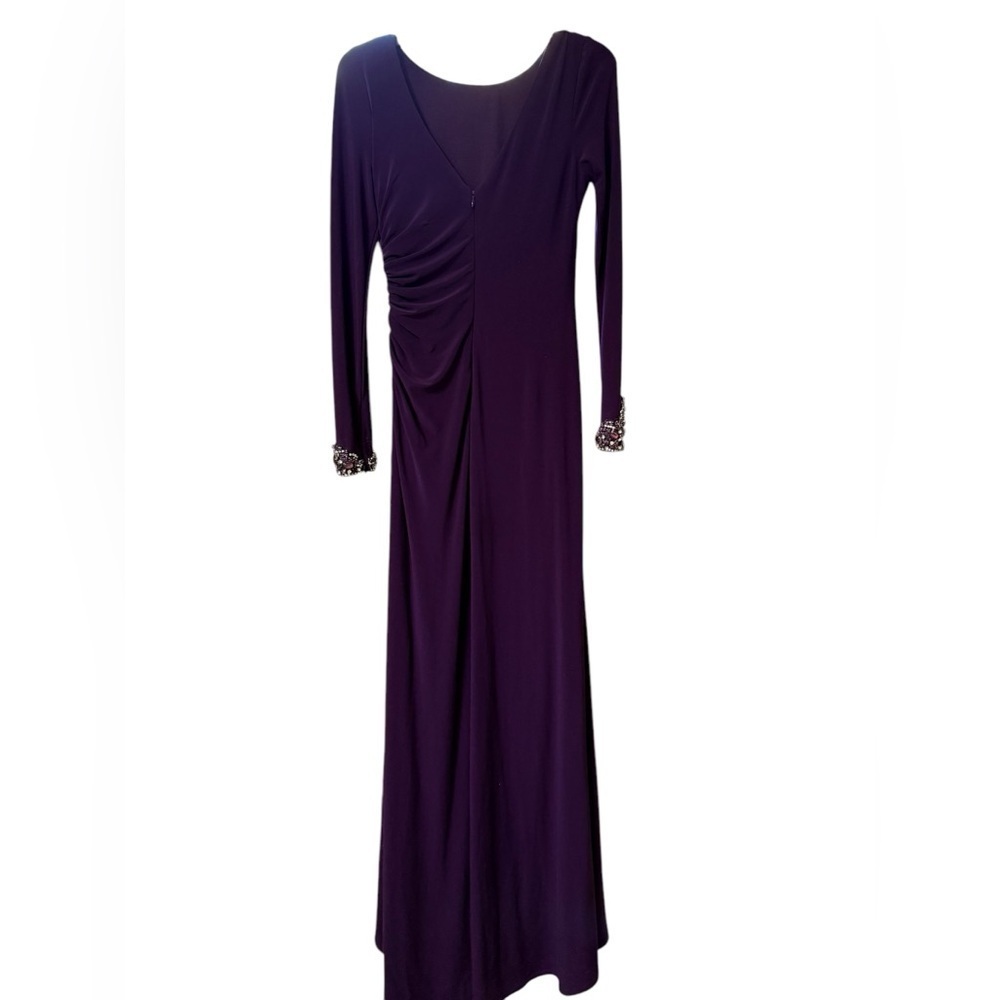 ELIZA J Women's Purple Ruched Rhinestone Cuff Long Stretch Jersey Gown Dress - Picture 6 of 8